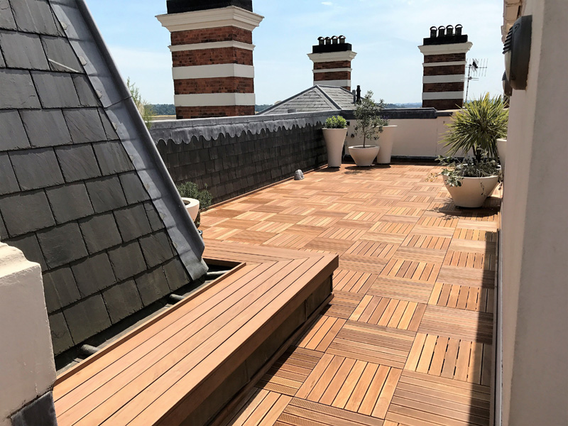 An image of an IPE decking tile installation at Tunbridge Wells, Kent (New)