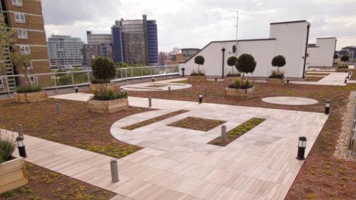 Timber tile walkways and green roof in Battersea