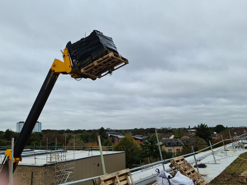Extendable Forklift lifting Wildflower M-Tray onto Roof of Turing House