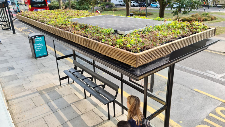 Clear Channel Bus Shelter with Sedum M-Tray Solar Panel Brighton