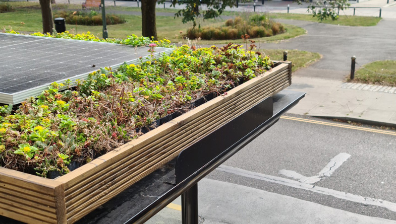 Close-Up-of-Clear-Channel-Bus-Shelter-with-Sedum-M-Tray-&-Solar-Panel---Brighton---Pic-2