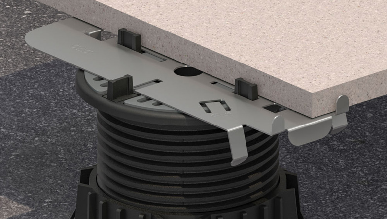 Mega-Balance-Self-Levelling-Pedestal-underneath-a-Ceramic-Tile-with-a-Metal-Edging-Plate